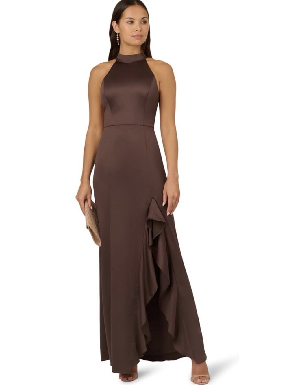 Adrianna Papell Brown High-Neck Ruffle Gown - Picture 4 of 10